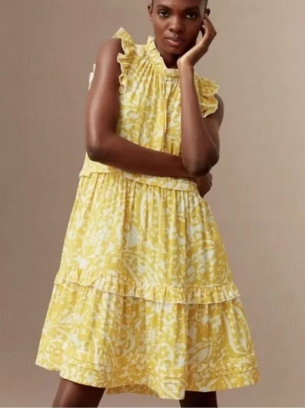 ME+EM Bold Paisley Floral Cheesecloth Frill Swing Dress Yellow US 6